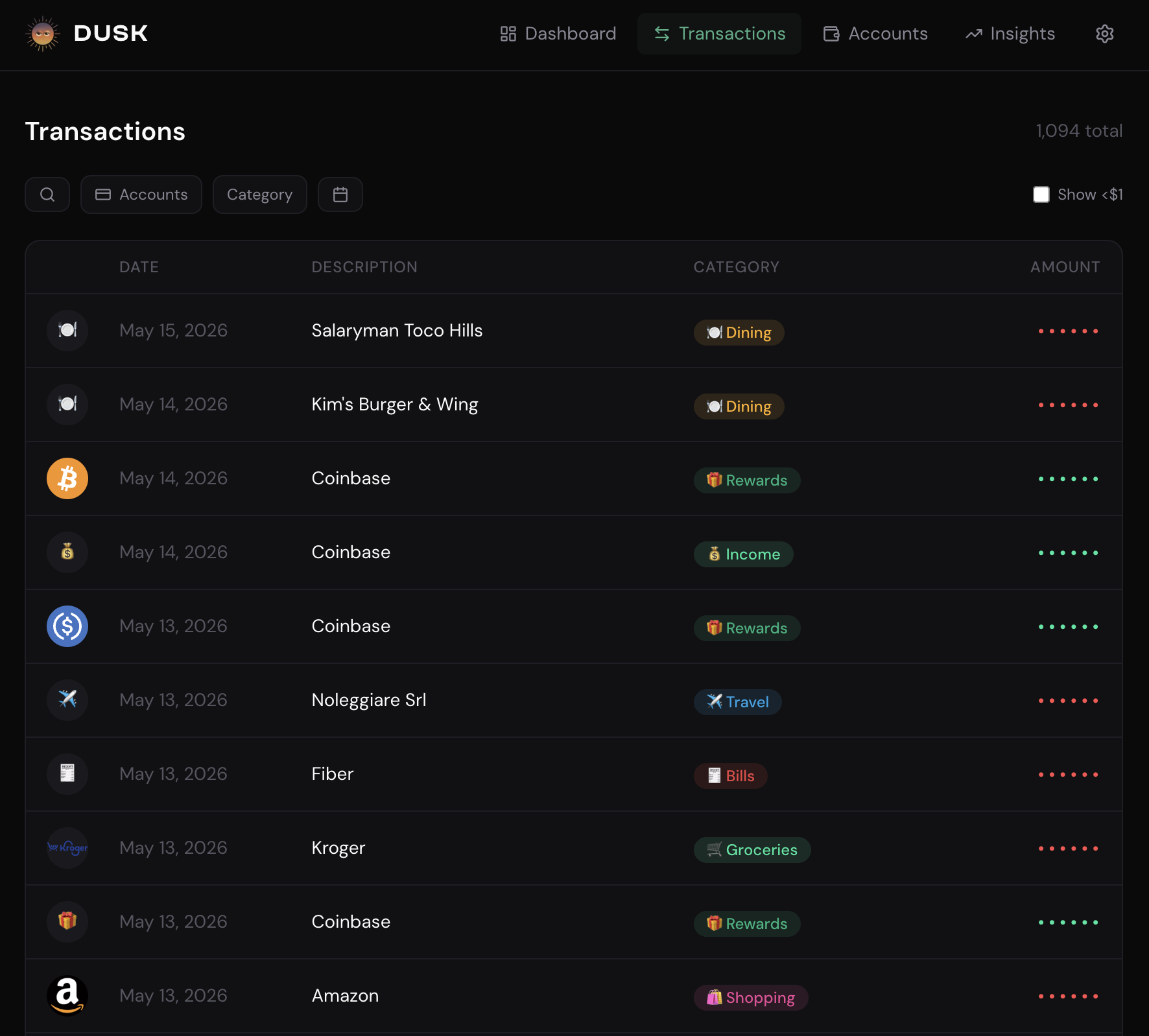 Dusk transactions list